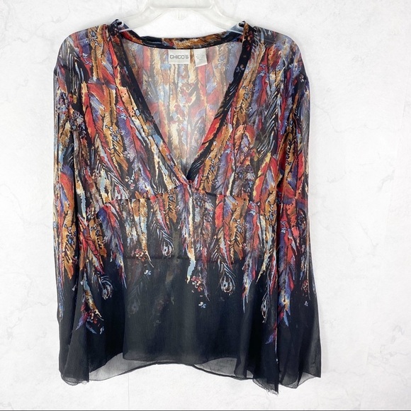 [Chico’s] Boho Silk Sheer V Neck Blouse
